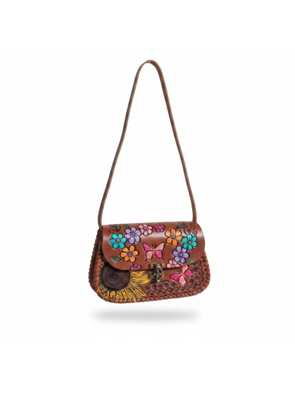 Butterfly Sunflower Brown Embossed Tooled Artisan LEATHER Crossbody Purse Bag - Picture 2 of 16